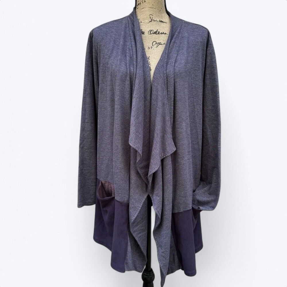 LOGO Lounge French Terry Open Cardigan Faux‎ Suede Hem Gray Cozy Layer Sz 2X